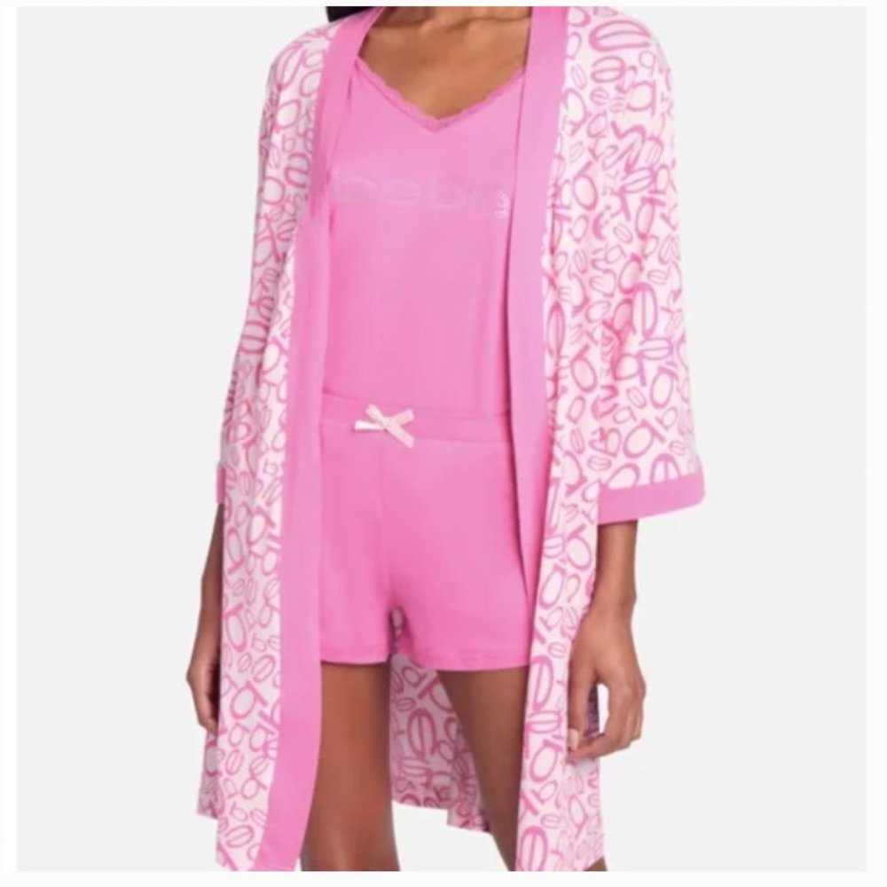 Bebe Brand Women's Pink Barbie Robe Sexy Lounge Wear Tossed Logo Sleepwear